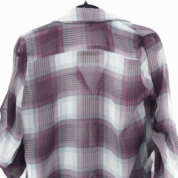 Band of Gypsies Boho Sheer Purple Plaid Tunic Blouse Roll Tab Sleeve Pocket M - Picture 7 of 10